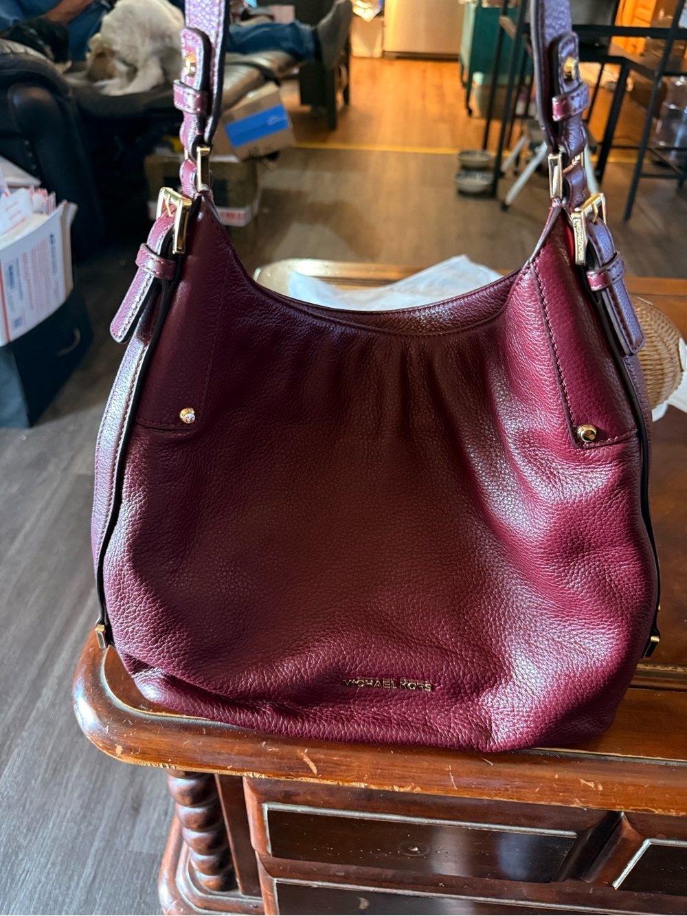 Michael Kors Burgundy Pebbled Leather Shoulder Bag with Gold Hardware
